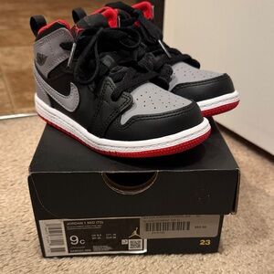 Jordan 1 MID Kids' Black, Gray, and Red Sneakers - Toddler size 9c